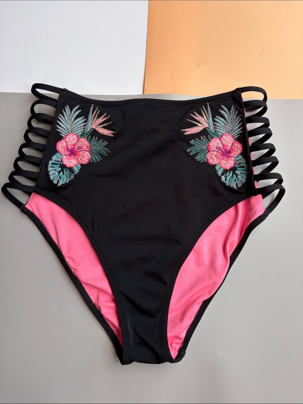 High-Waist Black Bikini Bottom with Pink Floral Embroidery